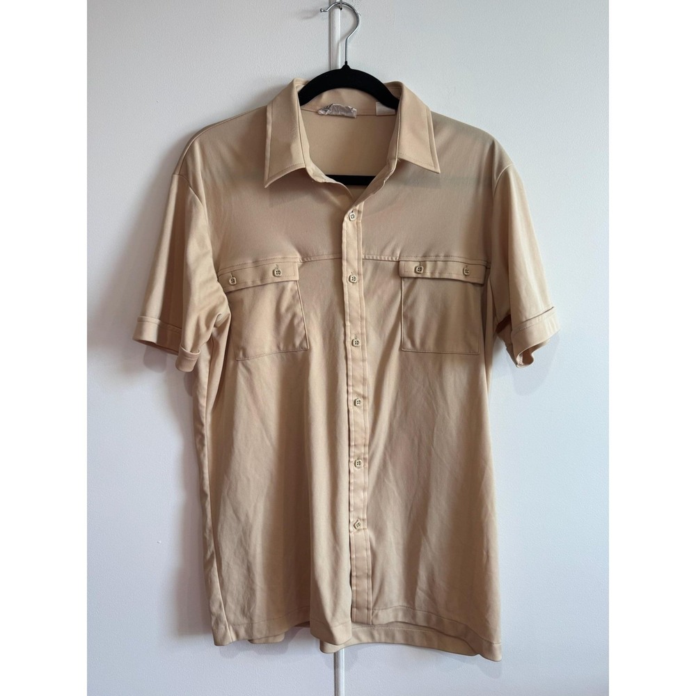 Vintage Fruit Of The Loom Shirt Mens Large Beige Button Double Pocket 70s - Picture 1 of 6